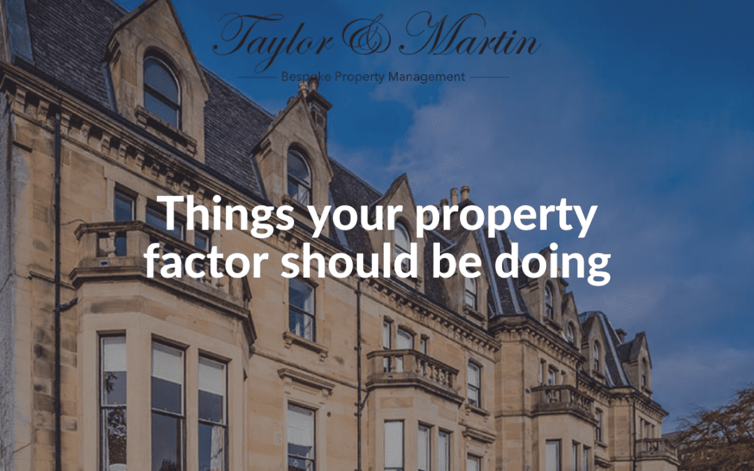 Scottish tenement building with text "Things your property factor should be doing" as an informative blog post