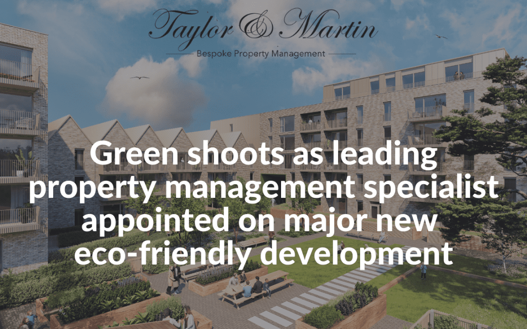 Photo of a housing development with text that reads "Green shoots as leading property management specialist appointed on major new eco-friendly development"